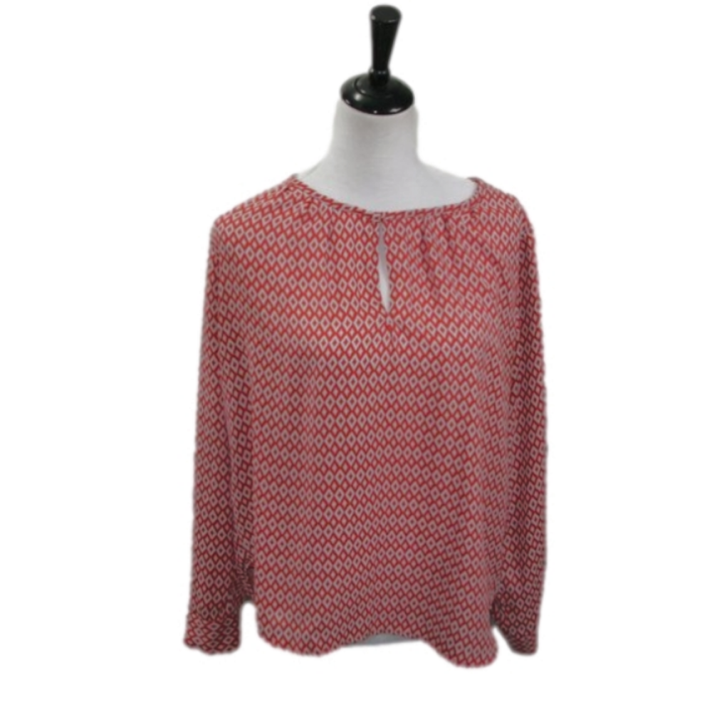 PLEIONE Coral/Silver Geometric Print Long Sleeve Blouse Size Medium